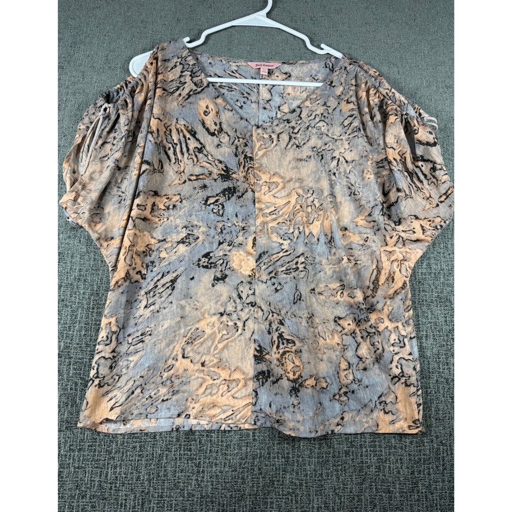 Juicy Couture Womens XS Blue Tan Abstract Marble Print Cold Shoulder Blouse Top